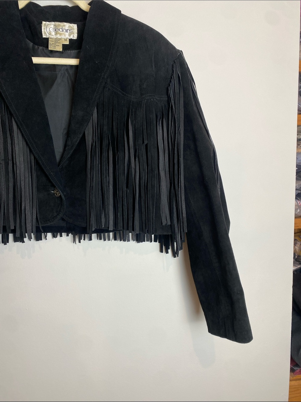 Vintage Cedars Black Fringe Suede Leather Cropped Cowgirl Collared Coat Size M - Picture 4 of 7